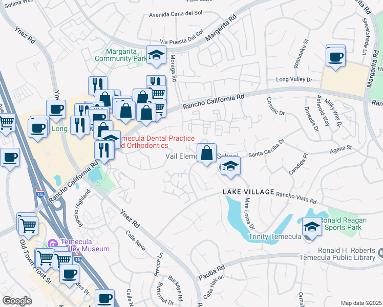 map of restaurants, bars, coffee shops, grocery stores, and more near 29919 Mira Loma Drive in Temecula