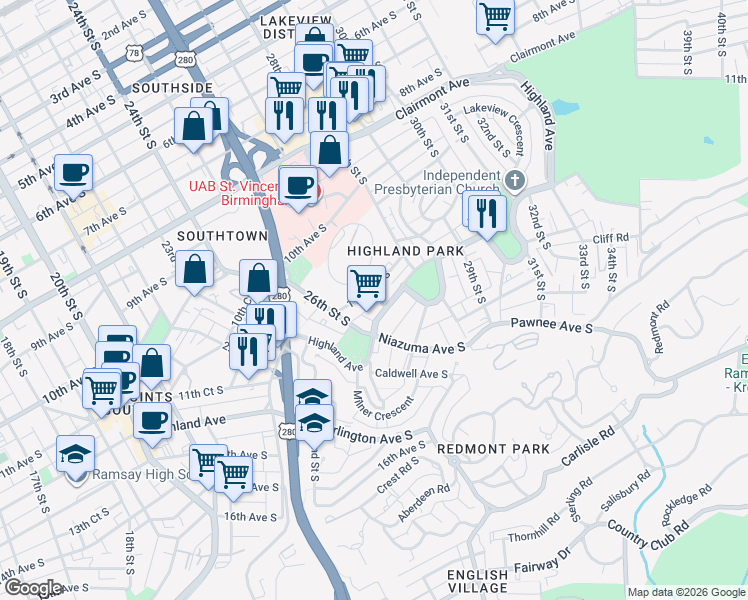 map of restaurants, bars, coffee shops, grocery stores, and more near 2620 Highland Avenue in Birmingham