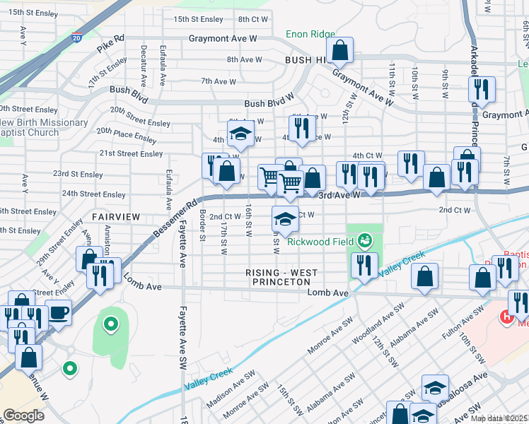map of restaurants, bars, coffee shops, grocery stores, and more near 1512 2nd Court West in Birmingham