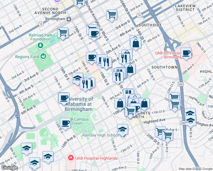 map of restaurants, bars, coffee shops, grocery stores, and more near 700 19th Street South in Birmingham