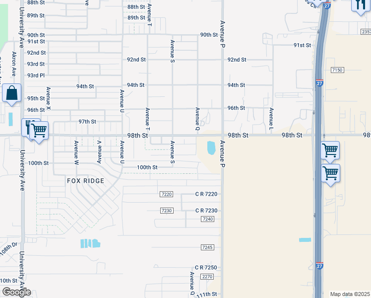 map of restaurants, bars, coffee shops, grocery stores, and more near 1701 98th Street in Lubbock