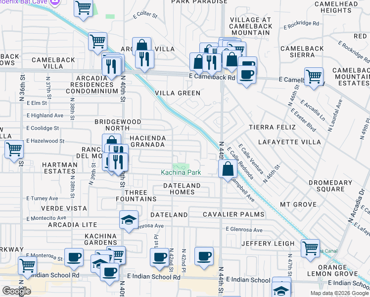 map of restaurants, bars, coffee shops, grocery stores, and more near 4222 East Hazelwood Street in Phoenix