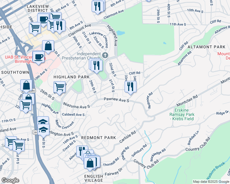 map of restaurants, bars, coffee shops, grocery stores, and more near 1327 31st Street South in Birmingham