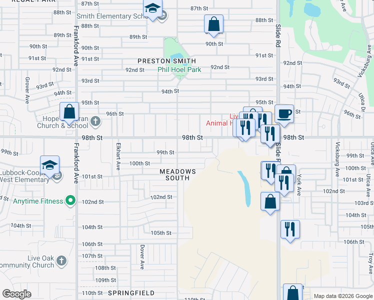 map of restaurants, bars, coffee shops, grocery stores, and more near 5415 99th Street in Lubbock
