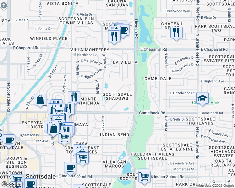 map of restaurants, bars, coffee shops, grocery stores, and more near 7930 East Camelback Road in Scottsdale