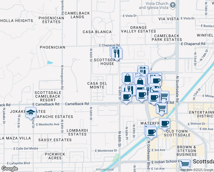 map of restaurants, bars, coffee shops, grocery stores, and more near 4600 North 68th Street in Scottsdale