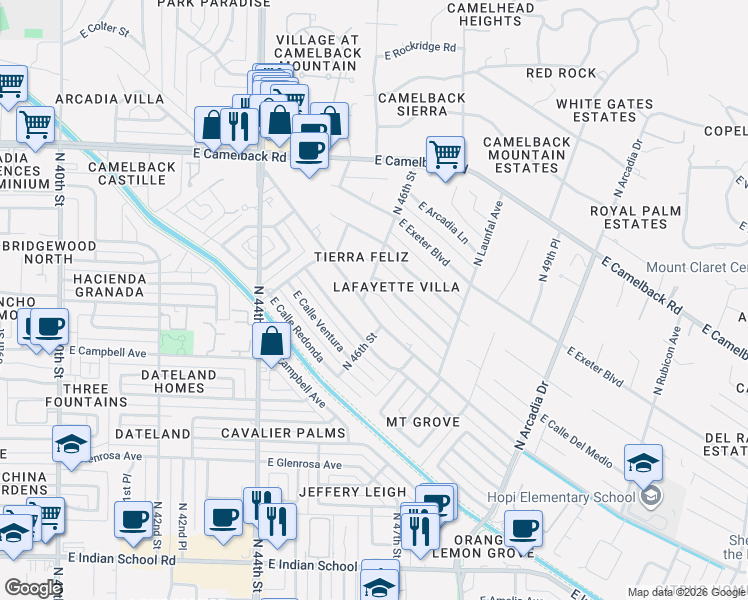map of restaurants, bars, coffee shops, grocery stores, and more near 4601 East Lafayette Boulevard in Phoenix