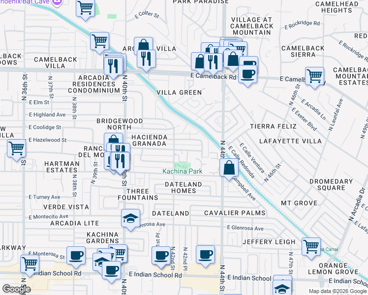 map of restaurants, bars, coffee shops, grocery stores, and more near 4222 East Hazelwood Street in Phoenix