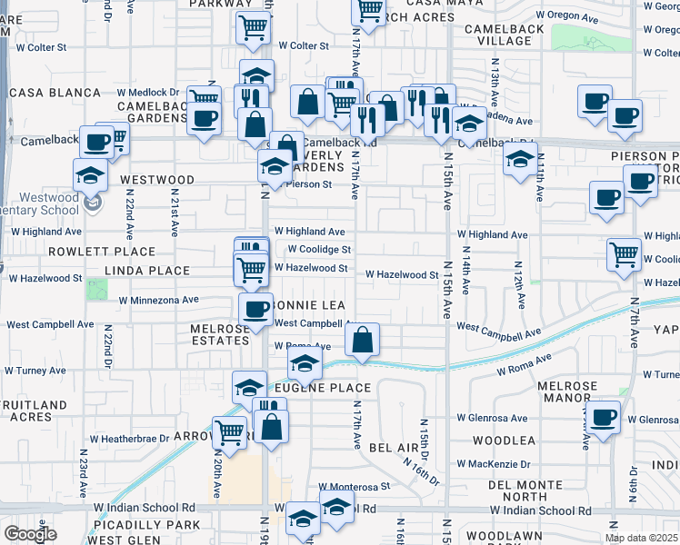 map of restaurants, bars, coffee shops, grocery stores, and more near 4542 North 17th Drive in Phoenix