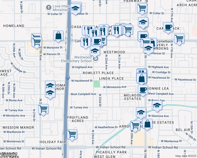 map of restaurants, bars, coffee shops, grocery stores, and more near 2215 West Hazelwood Street in Phoenix