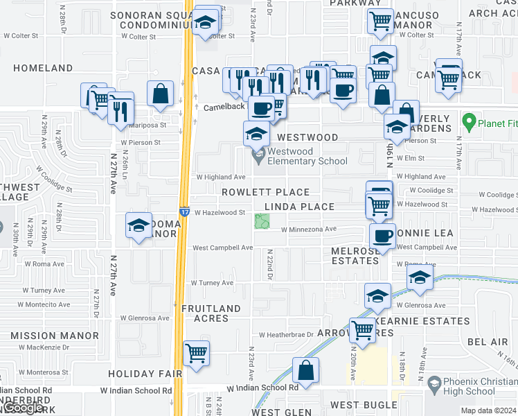 map of restaurants, bars, coffee shops, grocery stores, and more near 4600 North 23rd Avenue in Phoenix