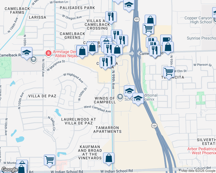 map of restaurants, bars, coffee shops, grocery stores, and more near 9921 West Madrugada Avenue in Phoenix