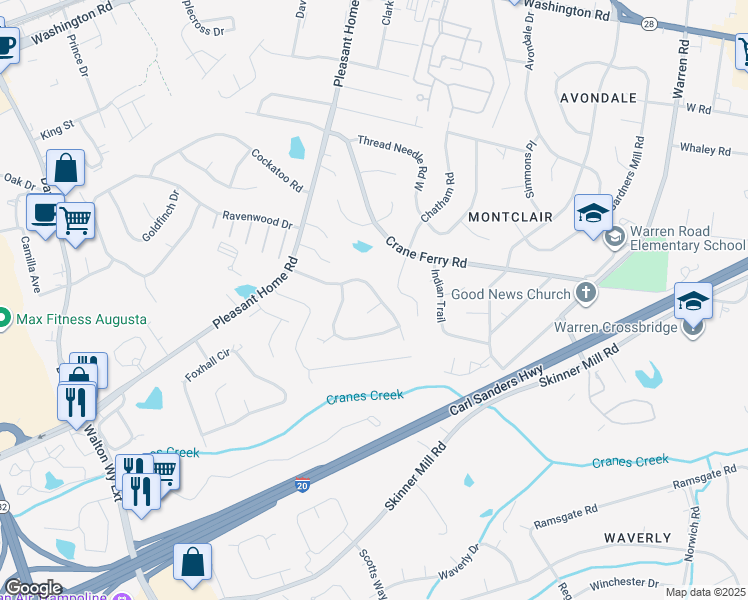 map of restaurants, bars, coffee shops, grocery stores, and more near 3312 Quaker Springs Court in Augusta