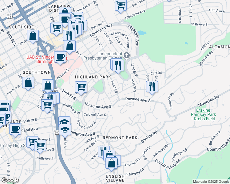 map of restaurants, bars, coffee shops, grocery stores, and more near 1242 29th Street South in Birmingham