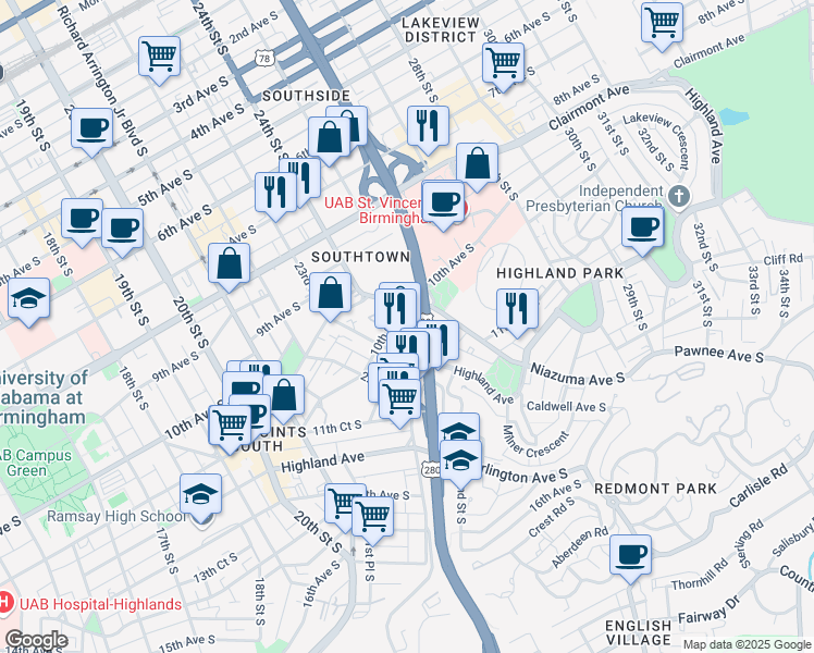 map of restaurants, bars, coffee shops, grocery stores, and more near 2321 10th Avenue South in Birmingham