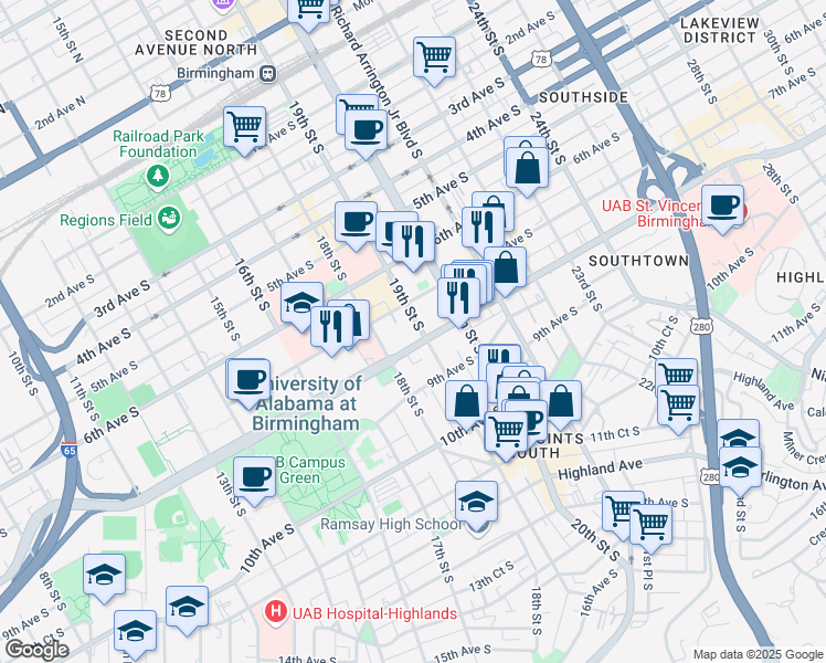 map of restaurants, bars, coffee shops, grocery stores, and more near 820 19th Street South in Birmingham