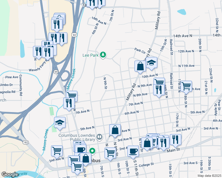 map of restaurants, bars, coffee shops, grocery stores, and more near 812 10th Street North in Columbus