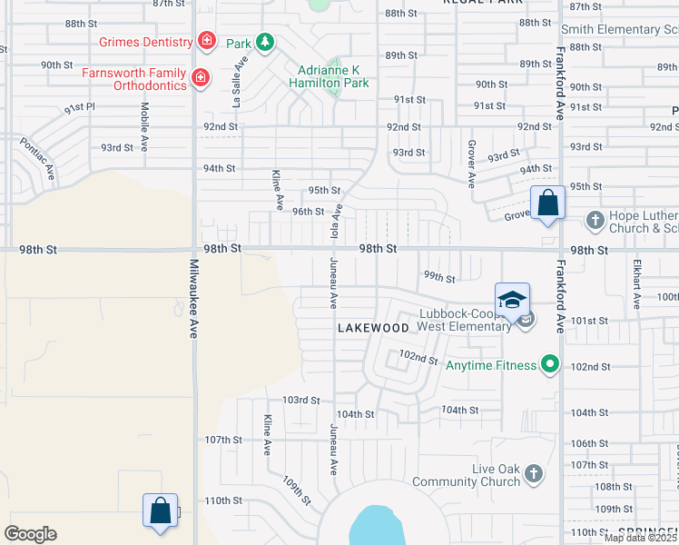 map of restaurants, bars, coffee shops, grocery stores, and more near 9809 Juneau Avenue in Lubbock