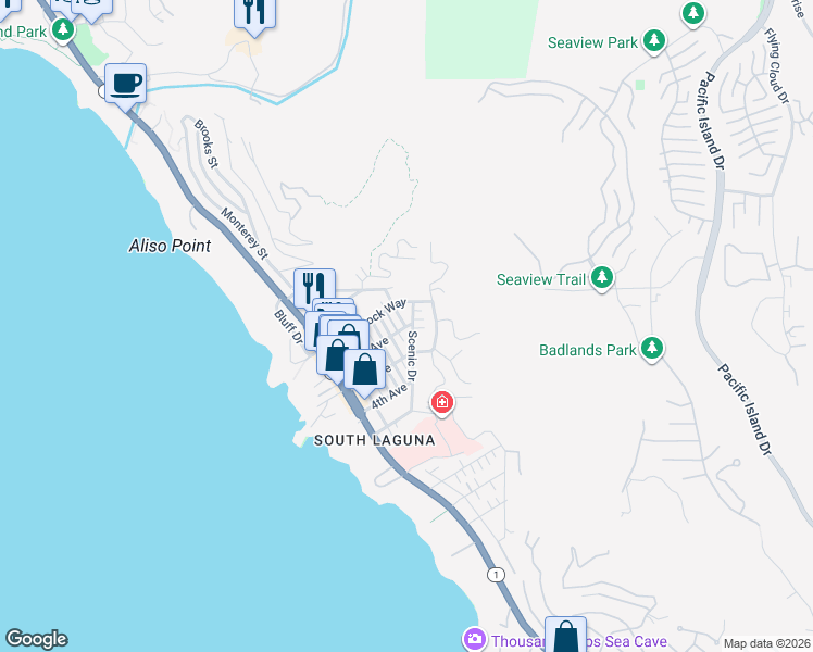 map of restaurants, bars, coffee shops, grocery stores, and more near 2nd Avenue & Egan Road in Laguna Beach