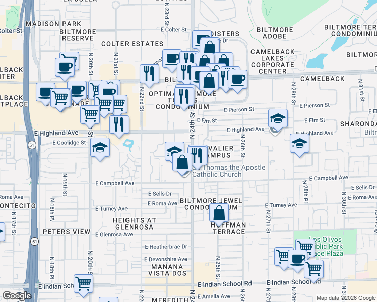 map of restaurants, bars, coffee shops, grocery stores, and more near 4600 North 24th Street in Phoenix