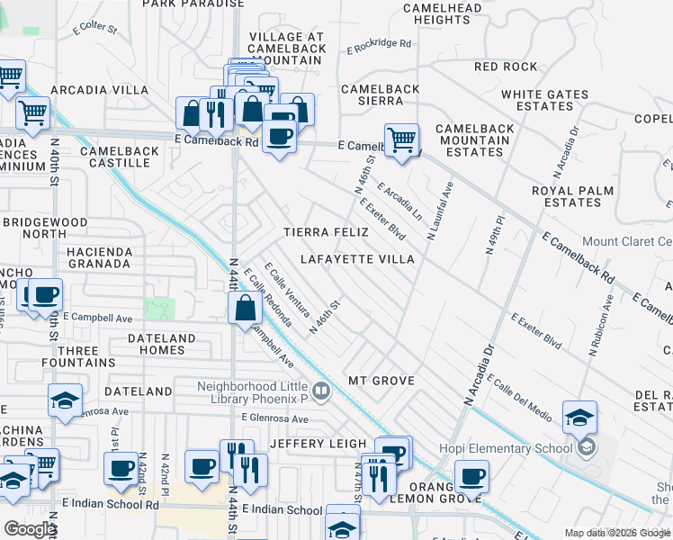 map of restaurants, bars, coffee shops, grocery stores, and more near 4601 East Lafayette Boulevard in Phoenix