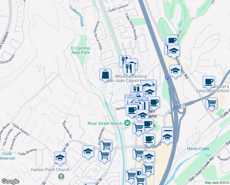 map of restaurants, bars, coffee shops, grocery stores, and more near in San Juan Capistrano