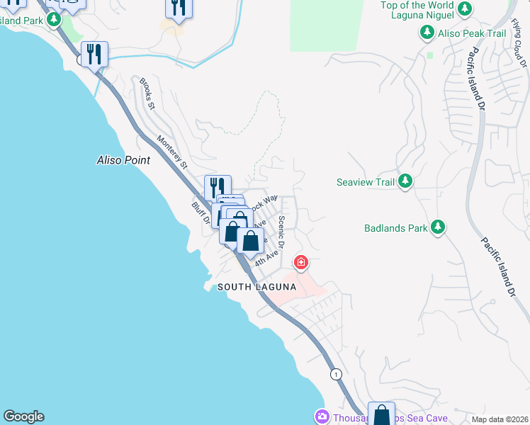 map of restaurants, bars, coffee shops, grocery stores, and more near 31592 Santa Rosa Drive in Laguna Beach