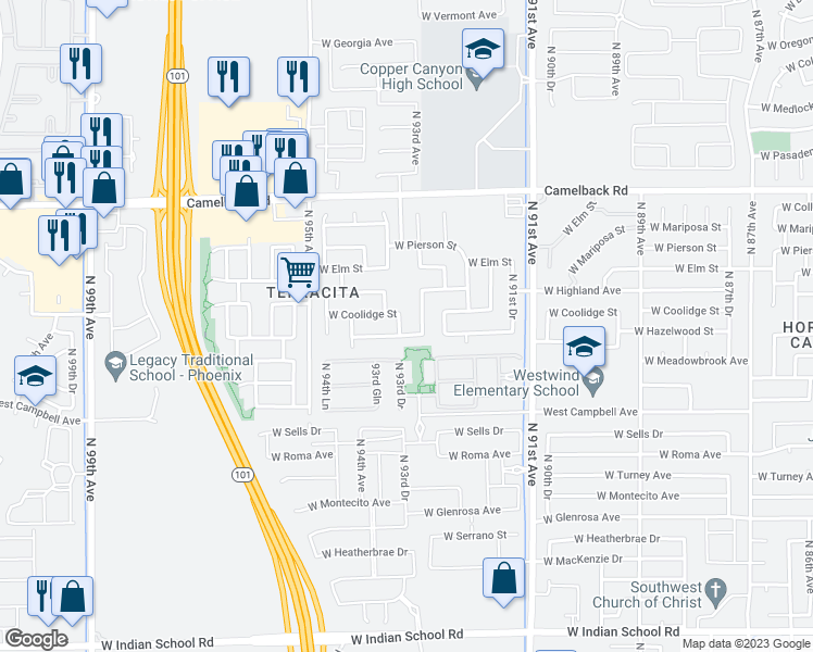 map of restaurants, bars, coffee shops, grocery stores, and more near 4607 North 93rd Avenue in Phoenix