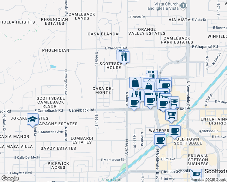 map of restaurants, bars, coffee shops, grocery stores, and more near 4600 North 68th Street in Scottsdale
