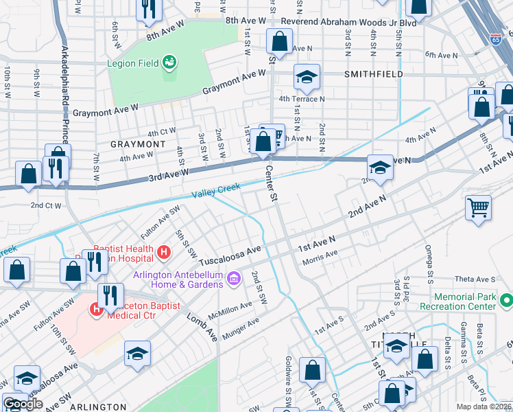 map of restaurants, bars, coffee shops, grocery stores, and more near 525 1st Street Southwest in Birmingham