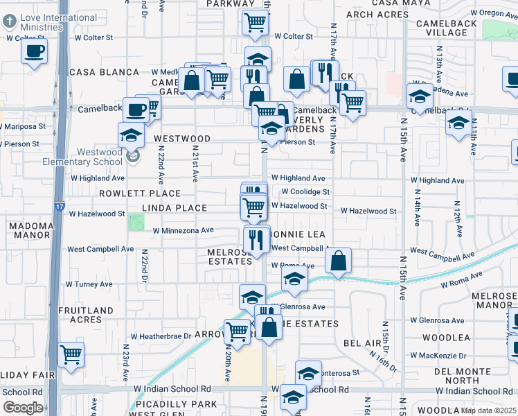 map of restaurants, bars, coffee shops, grocery stores, and more near 4545 North 19th Avenue in Phoenix