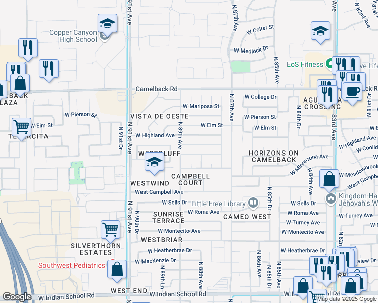map of restaurants, bars, coffee shops, grocery stores, and more near 8813 West Hazelwood Street in Phoenix