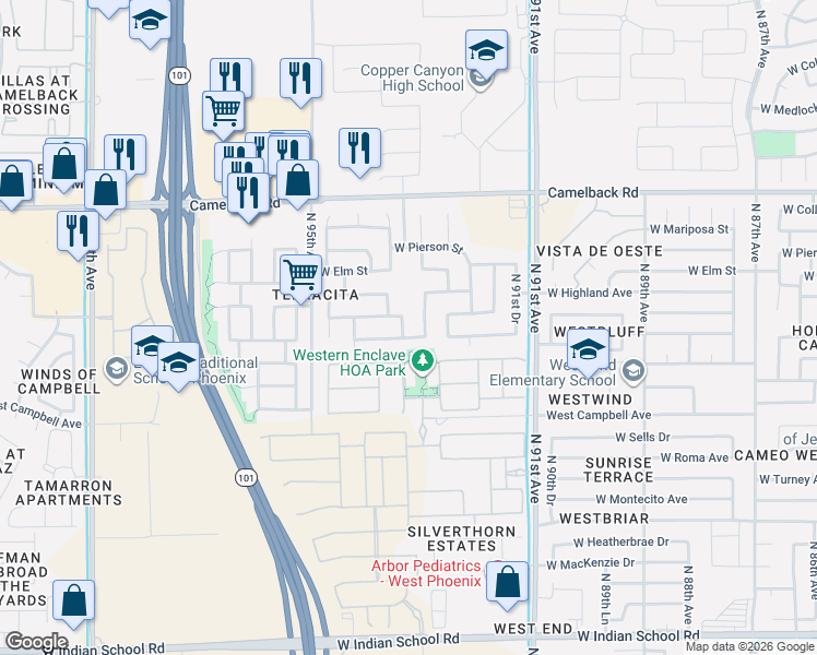 map of restaurants, bars, coffee shops, grocery stores, and more near 9255 West Hazelwood Street in Phoenix