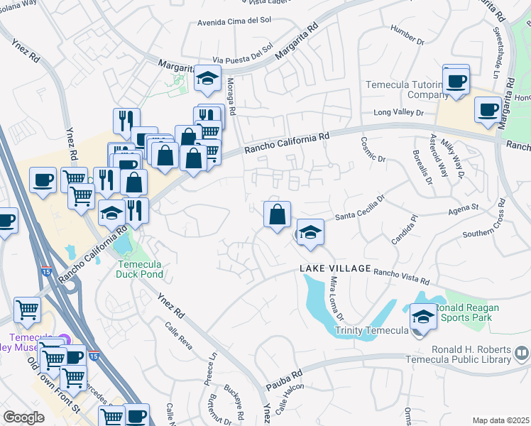 map of restaurants, bars, coffee shops, grocery stores, and more near 29915 Mira Loma Drive in Temecula