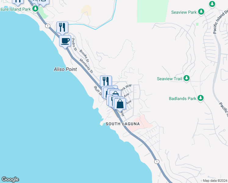map of restaurants, bars, coffee shops, grocery stores, and more near 31565 Eagle Rock Way in Laguna Beach
