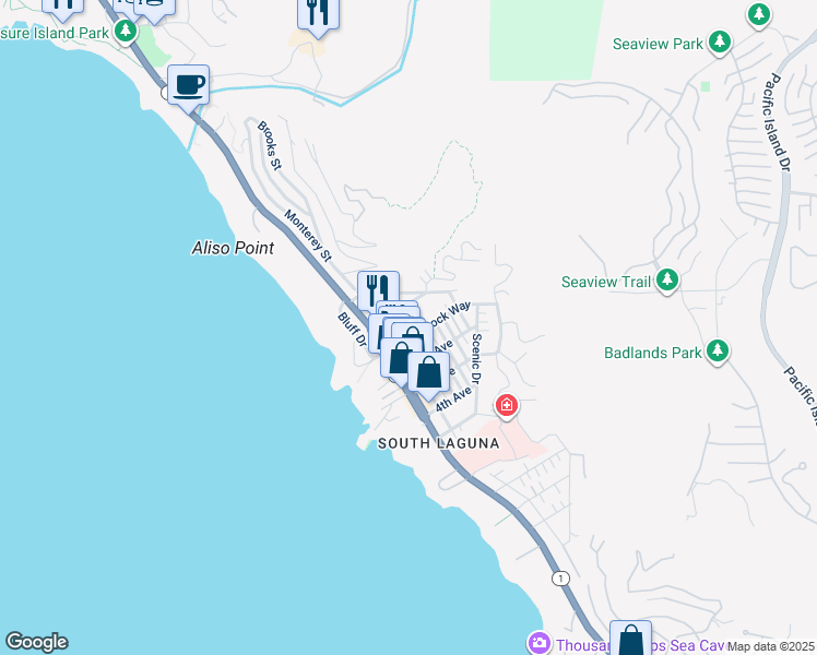 map of restaurants, bars, coffee shops, grocery stores, and more near 31565 Eagle Rock Way in Laguna Beach