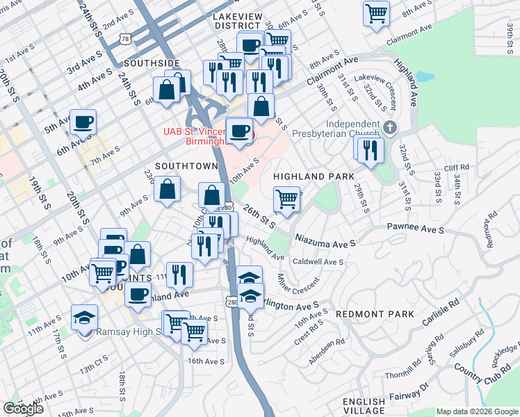 map of restaurants, bars, coffee shops, grocery stores, and more near 1105 26th Street South in Birmingham