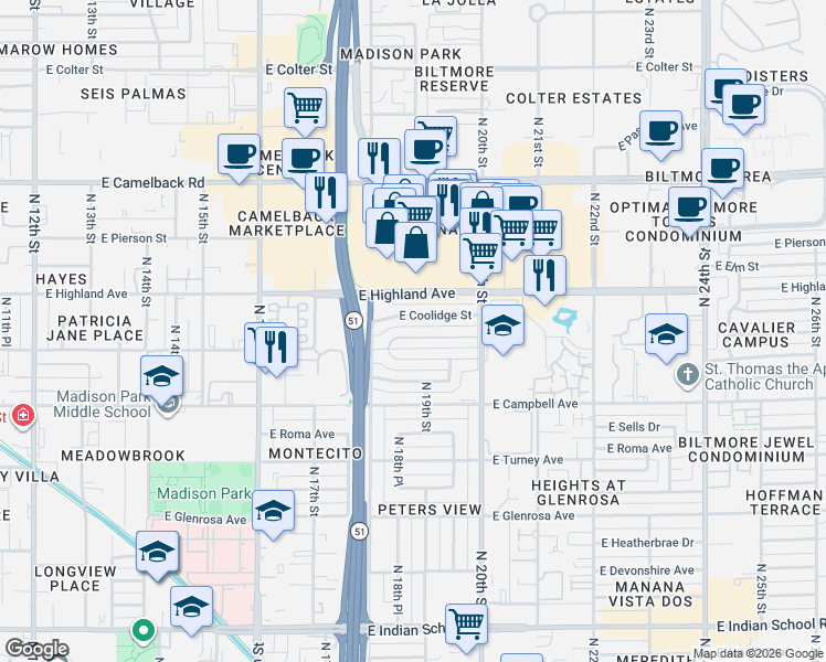 map of restaurants, bars, coffee shops, grocery stores, and more near 1901 East Hazelwood Street in Phoenix