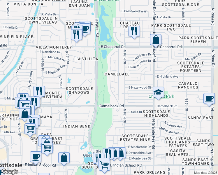 map of restaurants, bars, coffee shops, grocery stores, and more near North 81st Street in Scottsdale