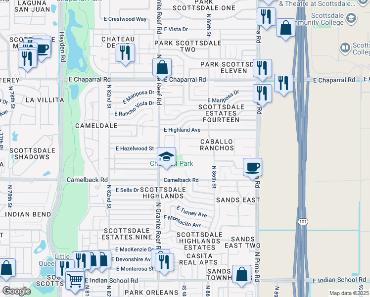 map of restaurants, bars, coffee shops, grocery stores, and more near 8485 East Hazelwood Street in Scottsdale