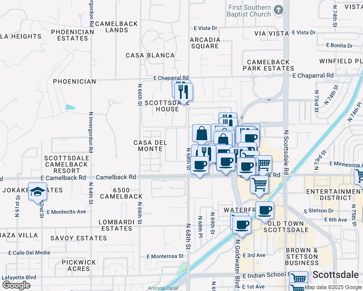 map of restaurants, bars, coffee shops, grocery stores, and more near 4600 North 68th Street in Scottsdale