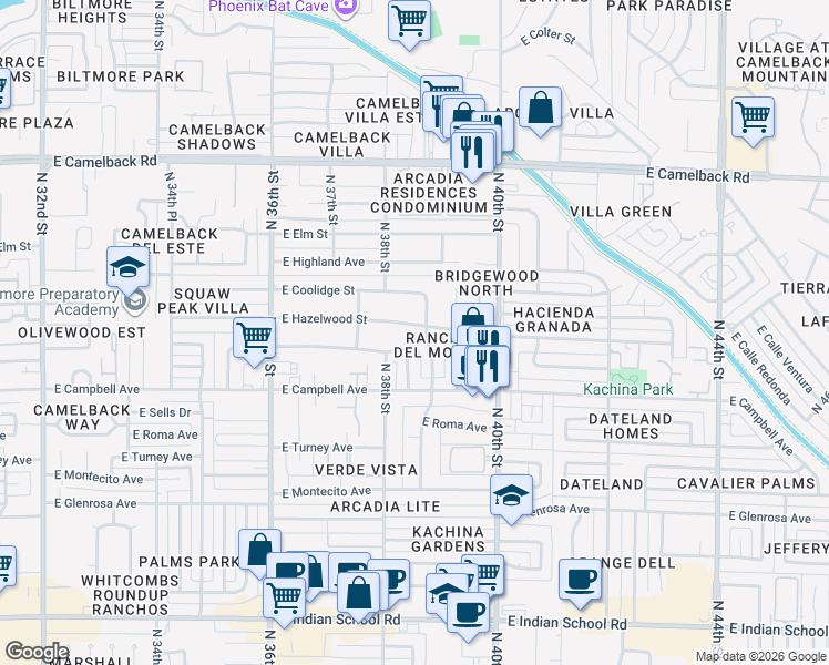map of restaurants, bars, coffee shops, grocery stores, and more near 3818 East Meadowbrook Avenue in Phoenix