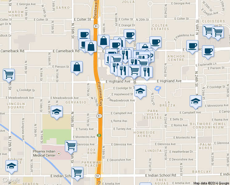 map of restaurants, bars, coffee shops, grocery stores, and more near 1901 East Hazelwood Street in Phoenix