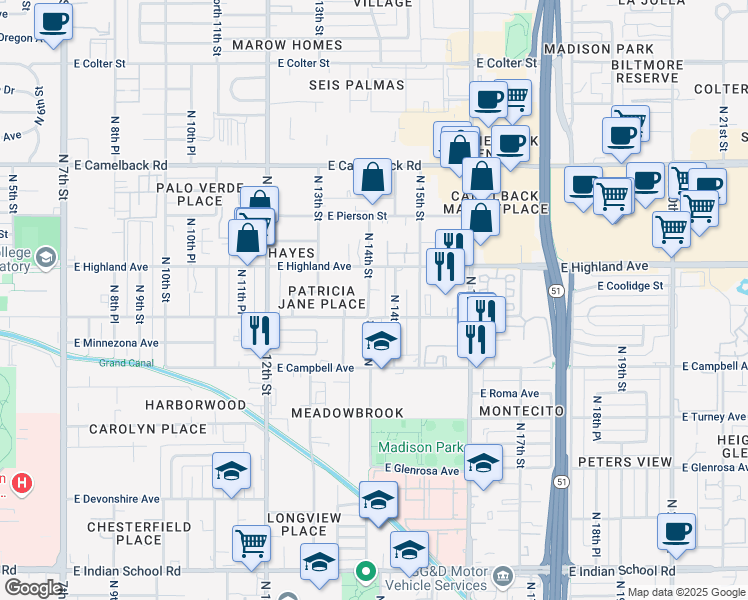 map of restaurants, bars, coffee shops, grocery stores, and more near 1410 East Meadowbrook Avenue in Phoenix