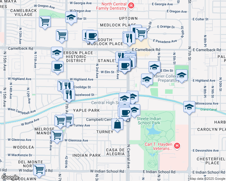 map of restaurants, bars, coffee shops, grocery stores, and more near 10 West Minnezona Avenue in Phoenix