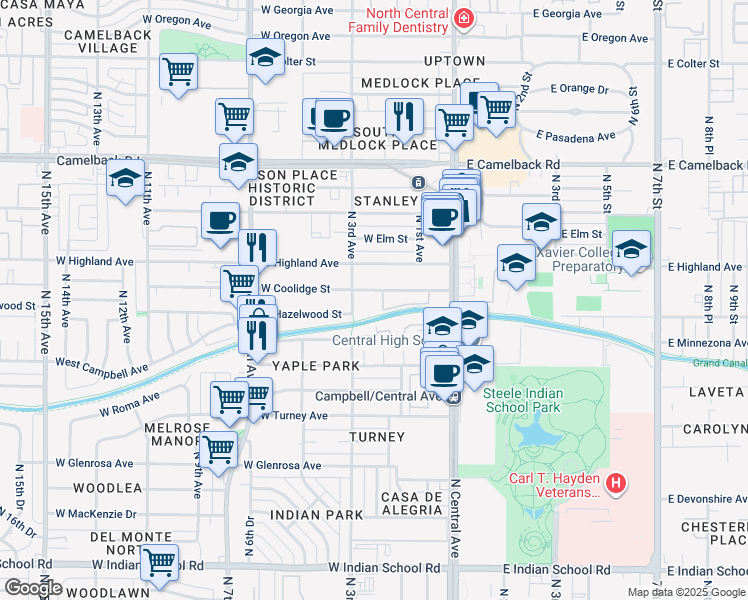 map of restaurants, bars, coffee shops, grocery stores, and more near 201 West Coolidge Street in Phoenix