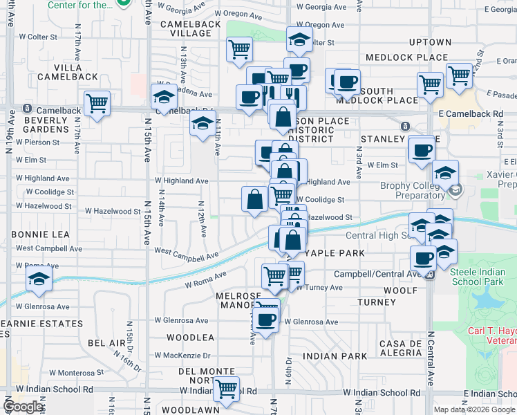 map of restaurants, bars, coffee shops, grocery stores, and more near 722 West Hazelwood Street in Phoenix