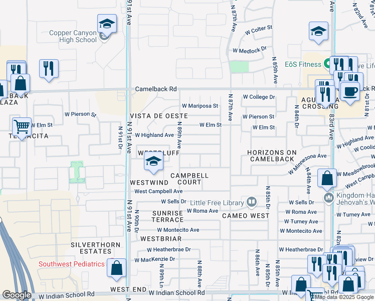 map of restaurants, bars, coffee shops, grocery stores, and more near 8813 West Hazelwood Street in Phoenix