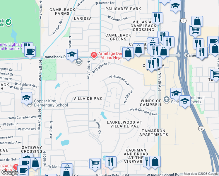 map of restaurants, bars, coffee shops, grocery stores, and more near Unnamed Road in Phoenix