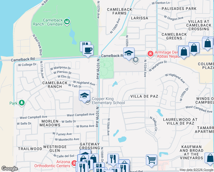 map of restaurants, bars, coffee shops, grocery stores, and more near 4620 North 106th Avenue in Phoenix